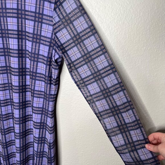 Hugo Boss Nasusi Womens Purple Stretch Mesh Plaid Long Sleeve Midi Dress XL - Picture 8 of 14